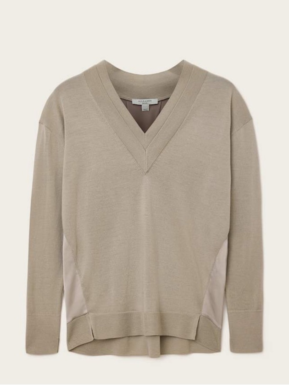 NEW ALLSAINTS PANEL V NECK TAUPE GREY Relaxed Knit Sweater in Beige